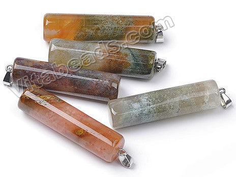 African Moss Agate - Smooth Long Cylinder Tube Pendant with Silver Bail