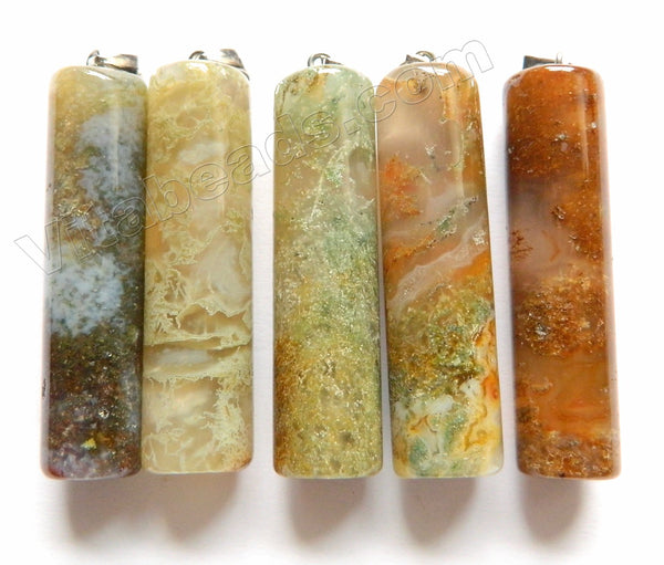 African Moss Agate - Smooth Long Cylinder Tube Pendant with Silver Bail