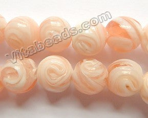Peach White Mixed Glass Beads  -  Carved Rose Swirl Round  11"     14 mm