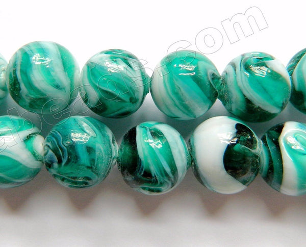 Emerald White Mixed Glass Beads  -  Carved Rose Swirl Round  11"     14 mm