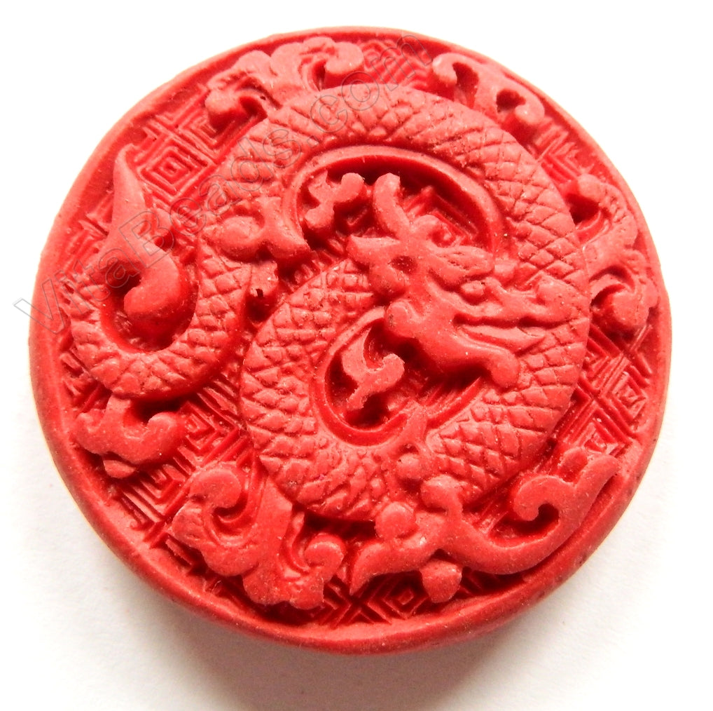 Cinnabar Lacquer Red  -  Carved Round Pendant  Dragon