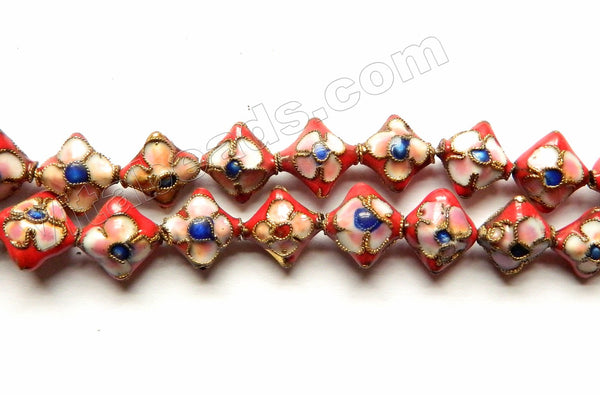   Cloisonné Beads - Diamond Shape    Color: Red w/ Pink Flower