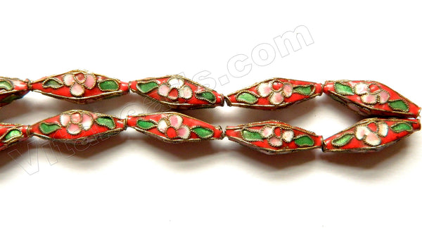   Cloisonné Beads - 4 Side Long Diamond Rice Shape    Color: Red w/ Pink Flower