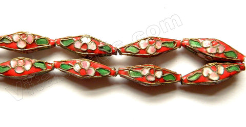   Cloisonné Beads - 4 Side Long Diamond Rice Shape    Color: Red w/ Pink Flower