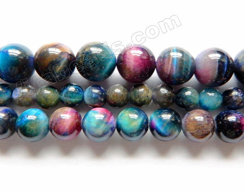 Blue Purple Rainbow Tiger Eye A  -  Smooth Round Beads 15"