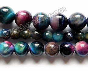 Blue Purple Rainbow Tiger Eye A  -  Smooth Round Beads 15"