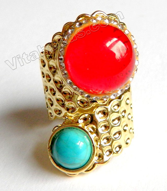 Red Jade &. Blue Turquoise Round Cab w/ Diamond Plated Adjustable Gold Copper Ring