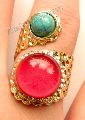Red Jade &. Blue Turquoise Round Cab w/ Diamond Plated Adjustable Gold Copper Ring