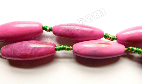 Deep Fuchsia Pink Cracked Fire Agate  -  Smooth Long Rice w/ Knot  16"