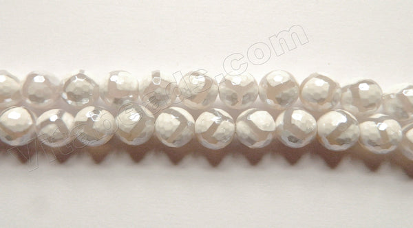 Plated White DZi Agate w/ Grey Football Design -  Faceted Round  16"