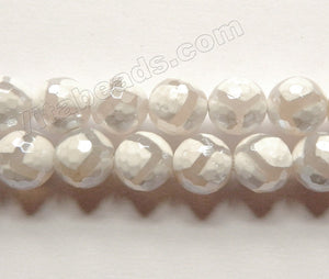 Plated White DZi Agate w/ Grey Football Design -  Faceted Round  16"