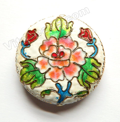 Cloisonné Pendant - Gold wired Round - White - Gold Wired Flower