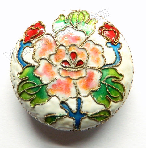 Cloisonné Pendant - Gold wired Round - White - Gold Wired Flower