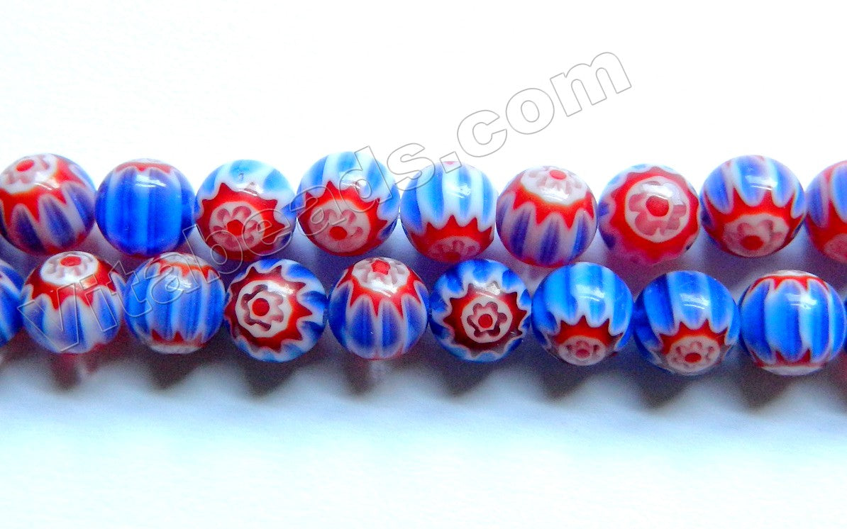 Glass Beads  -  Round  - Red White Blue Star Stripes Dark 16"