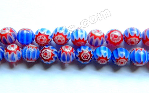 Glass Beads  -  Round  - Red White Blue Star Stripes Dark 16"