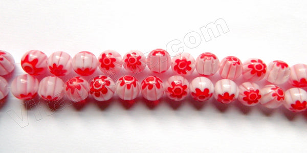 Glass Beads  -  Round  - White w/ Red Flower 16"