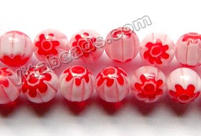 Glass Beads  -  Round  - White w/ Red Flower 16"