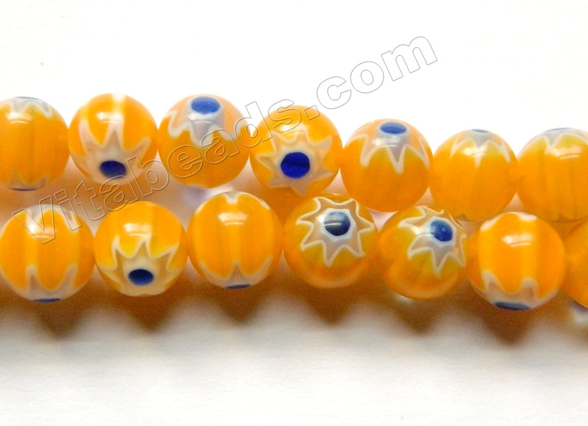  Glass Beads  -  Round  - Yellow w/ Blue Flower 16"