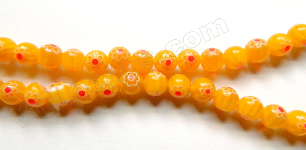  Glass Beads  -  Round  -  Dark Yellow w/ Red Flower 16"