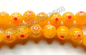  Glass Beads  -  Round  -  Dark Yellow w/ Red Flower 16"