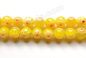  Glass Beads  -  Round  -  Lemon Yellow w/ Red Flower 16"