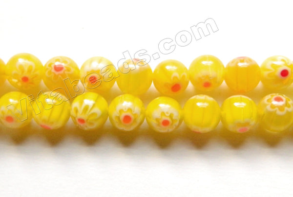  Glass Beads  -  Round  -  Lemon Yellow w/ Red Flower 16"