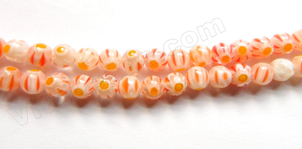  Glass Beads  -  Round  - Tangerine White w/ Yellow Flower 16"  