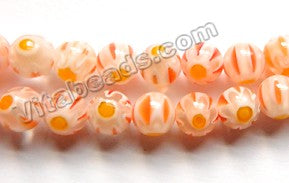  Glass Beads  -  Round  - Tangerine White w/ Yellow Flower 16"  