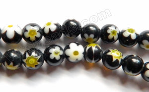  Glass Beads  -  Round  -  Black w/ Yellow Daisy Flower 16"