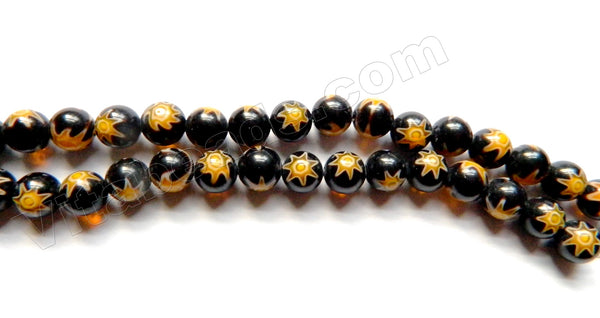  Glass Beads  -  Round  -  Black w/ Yellow Star 16"  