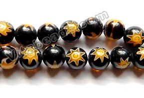  Glass Beads  -  Round  -  Black w/ Yellow Star 16"  