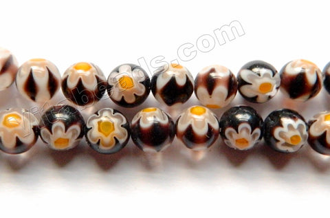  Glass Beads  -  Round  -  Black Maroon w/ Yellow Flower 16"