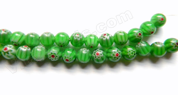  Glass Beads  -  Round  -  Green w/ Red Flower 16"  