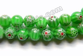  Glass Beads  -  Round  -  Green w/ Red Flower 16"  