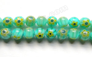   Glass Beads  -  Round  -  Turquoise Blue w/ Yellow Flower 16"