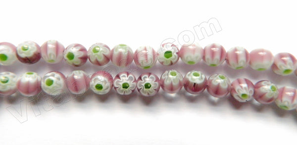  Glass Beads  -  Round  -  Light Red Fluorite w/ Green Flower 16"  