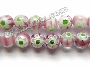  Glass Beads  -  Round  -  Light Red Fluorite w/ Green Flower 16"  