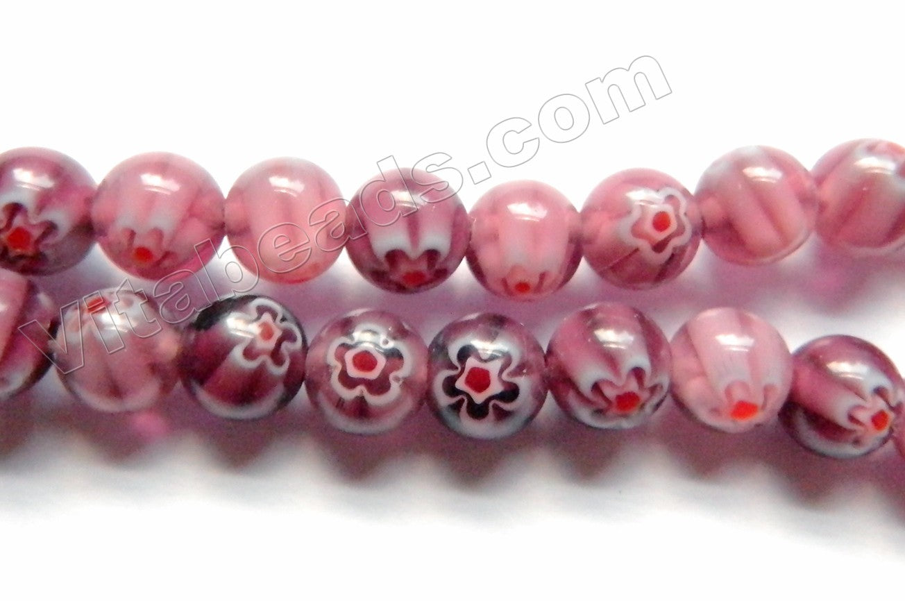  Glass Beads  -  Round  -  Red Fluorite w/ Red Flower 16"