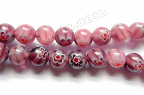  Glass Beads  -  Round  -  Red Fluorite w/ Red Flower 16"