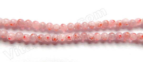  Glass Beads  -  Round  -  Light Red Fluorite w/ Red Flower 15"  