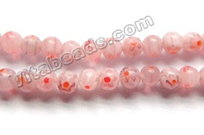  Glass Beads  -  Round  -  Light Red Fluorite w/ Red Flower 15"  