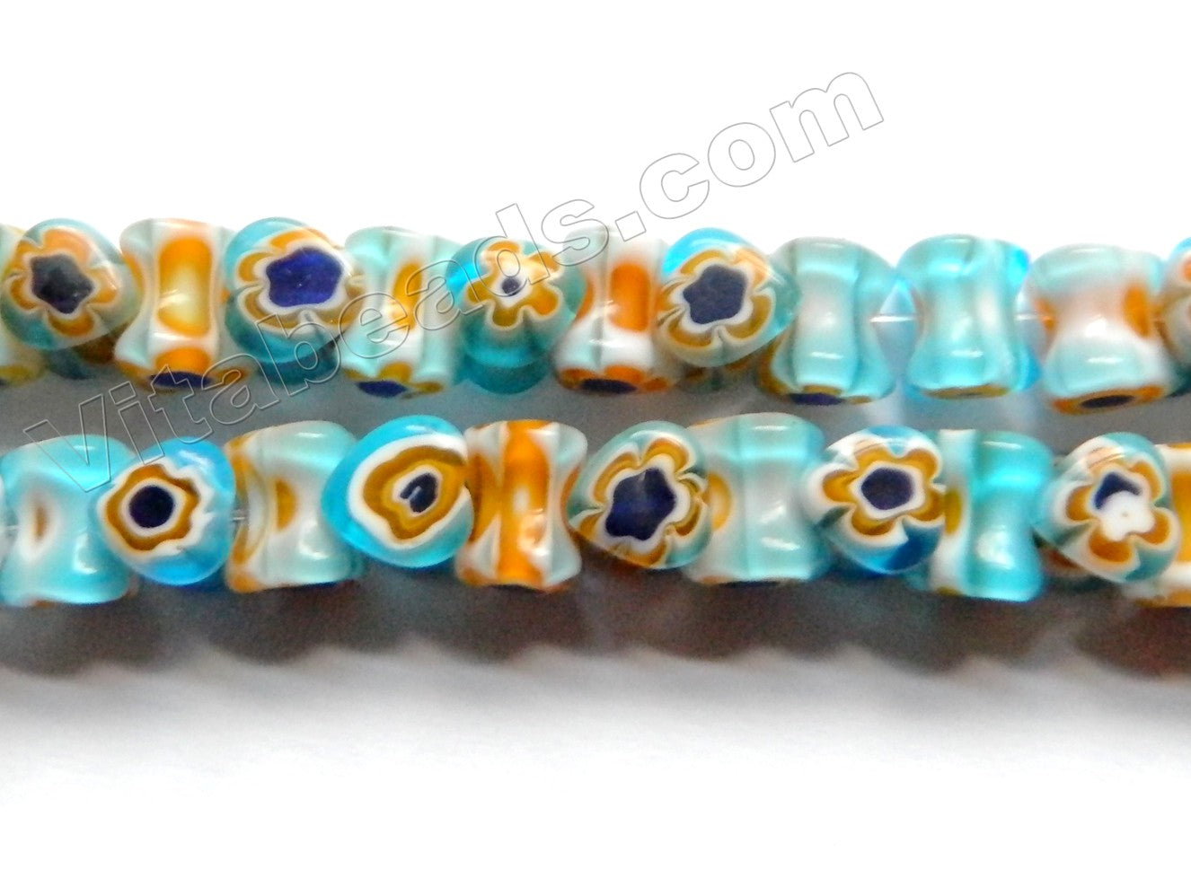  Glass Beads  -  Bone - TQ Blue w/ Brown Flower   16"