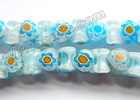  Glass Beads  -  Bone - Light Ocean Blue w/ Yellow Flowers  16"