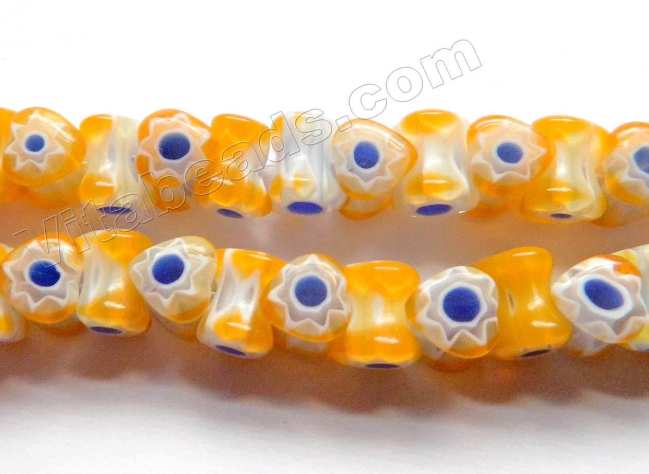  Glass Beads  -  Bone - Lemon Yellow w/ Blue Flower   16"