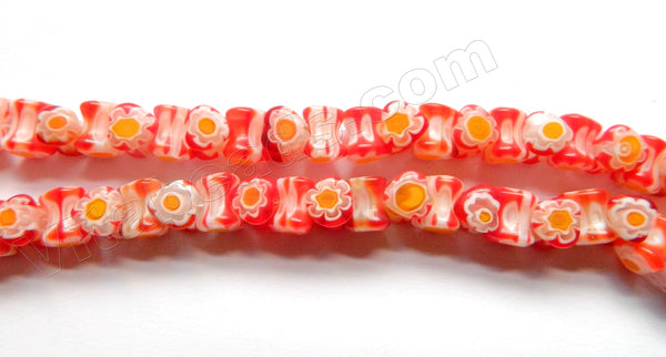  Glass Beads  -  Bone - White Red w/ Yellow Flower   16"