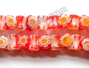  Glass Beads  -  Bone - White Red w/ Yellow Flower   16"