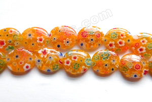 Glass Beads  -  Puff Oval - Yellow w/ Mixed Flowers 16"