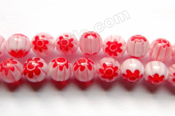 Glass Beads  -  Round  - White w/ Red Flower 16"