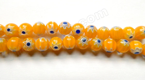  Glass Beads  -  Round  - Yellow w/ Blue Flower 16"