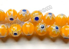  Glass Beads  -  Round  - Yellow w/ Blue Flower 16"